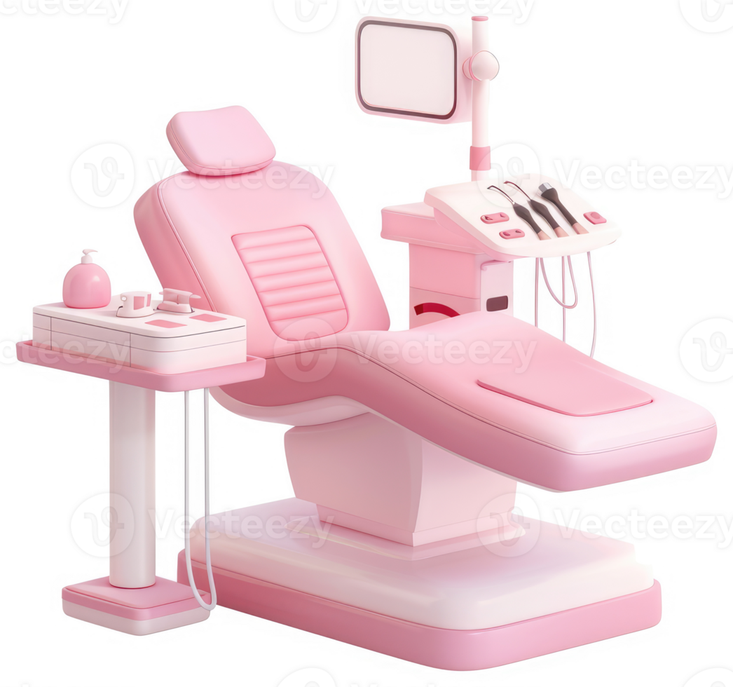 Pink dental chair with associated equipment. png