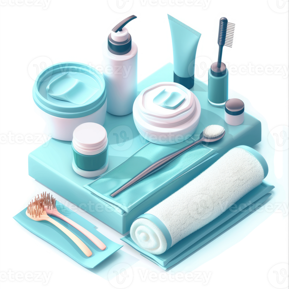 Cosmetic products and spa accessories arranged on a light blue surface. png
