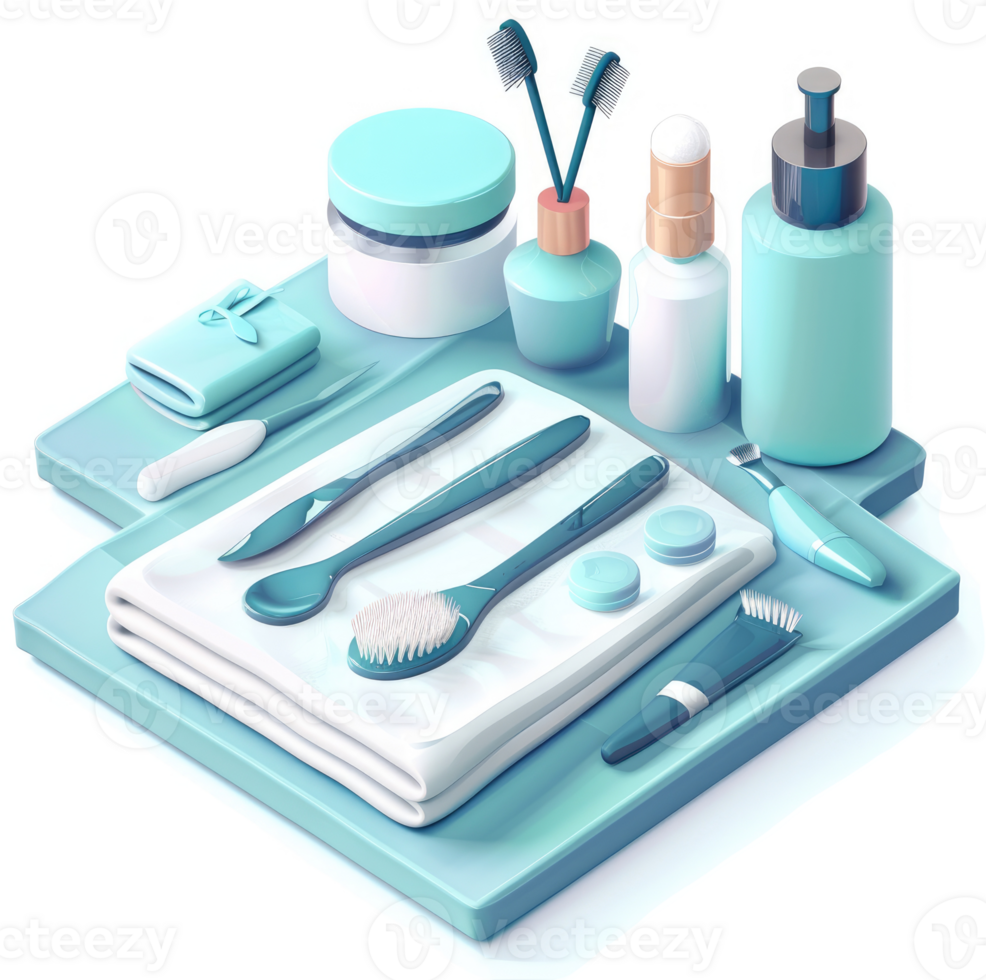 Teal spa items displayed on a platform. png