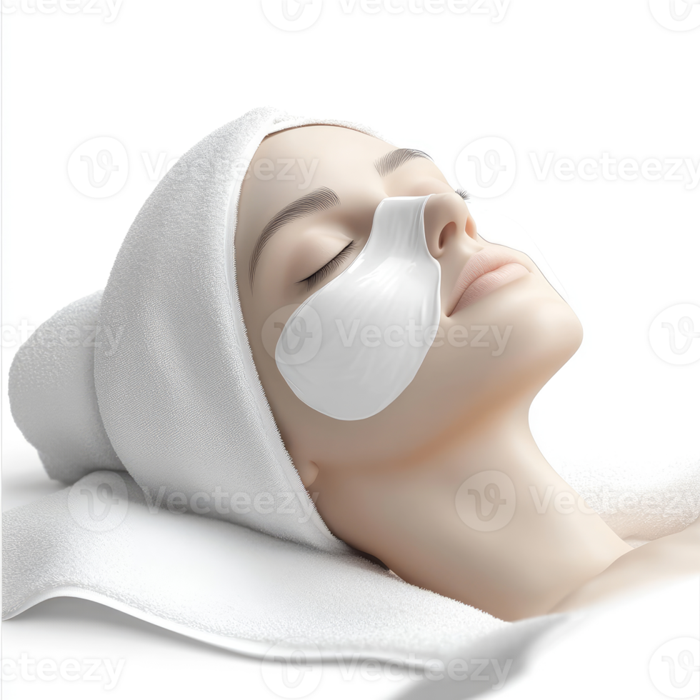 Relaxed female model with facial skin treatment patches. png