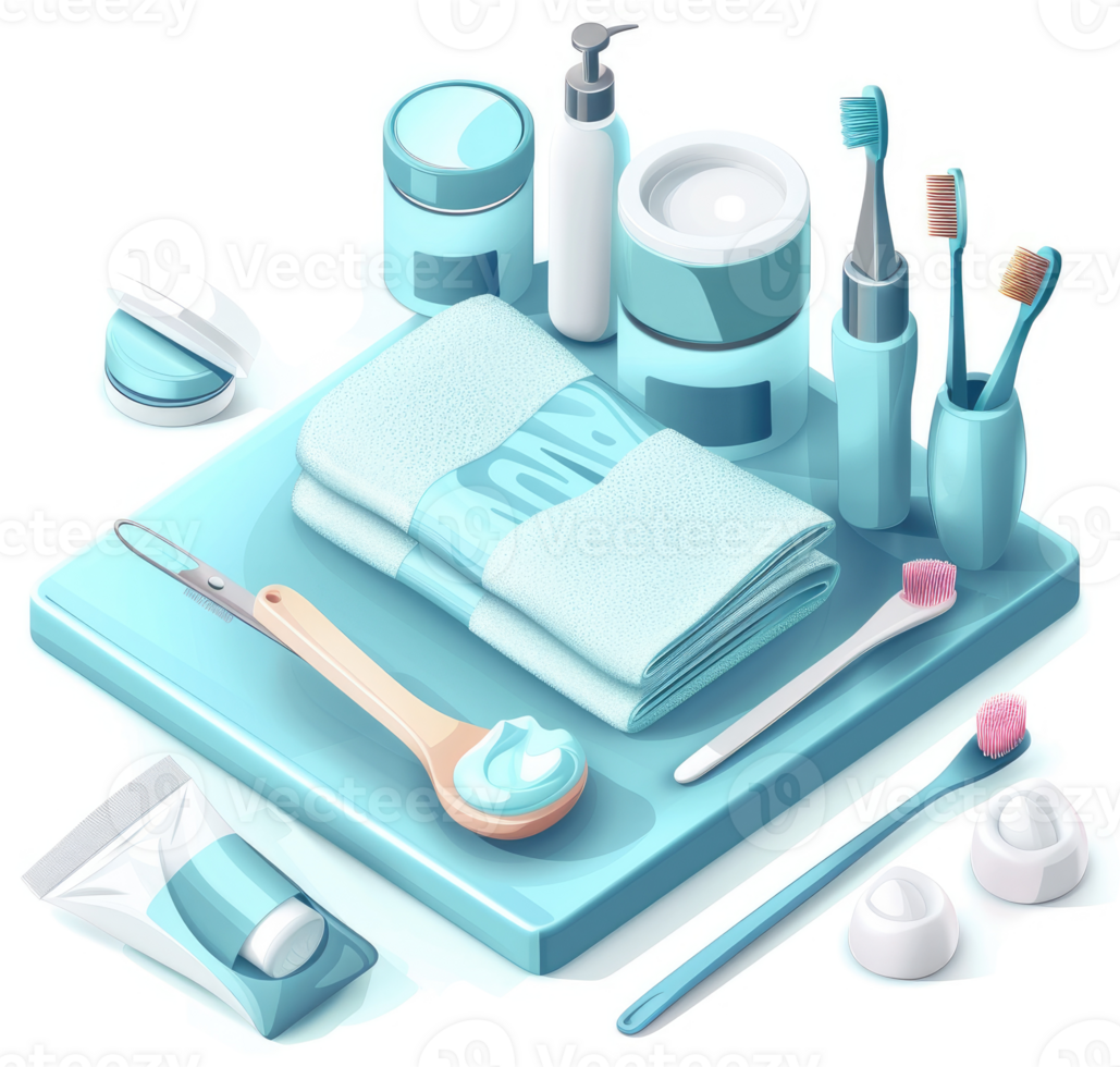 Collection of hygiene products displayed on a light blue surface. png