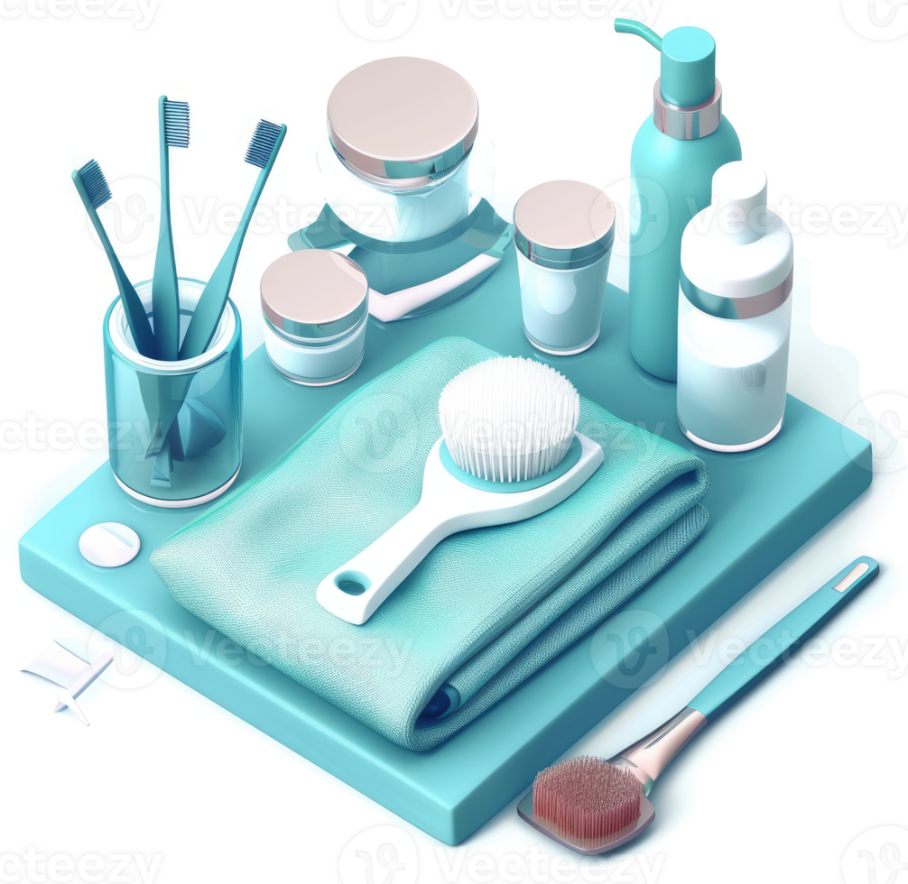 Collection of cosmetic and hygiene products on a teal platform. png