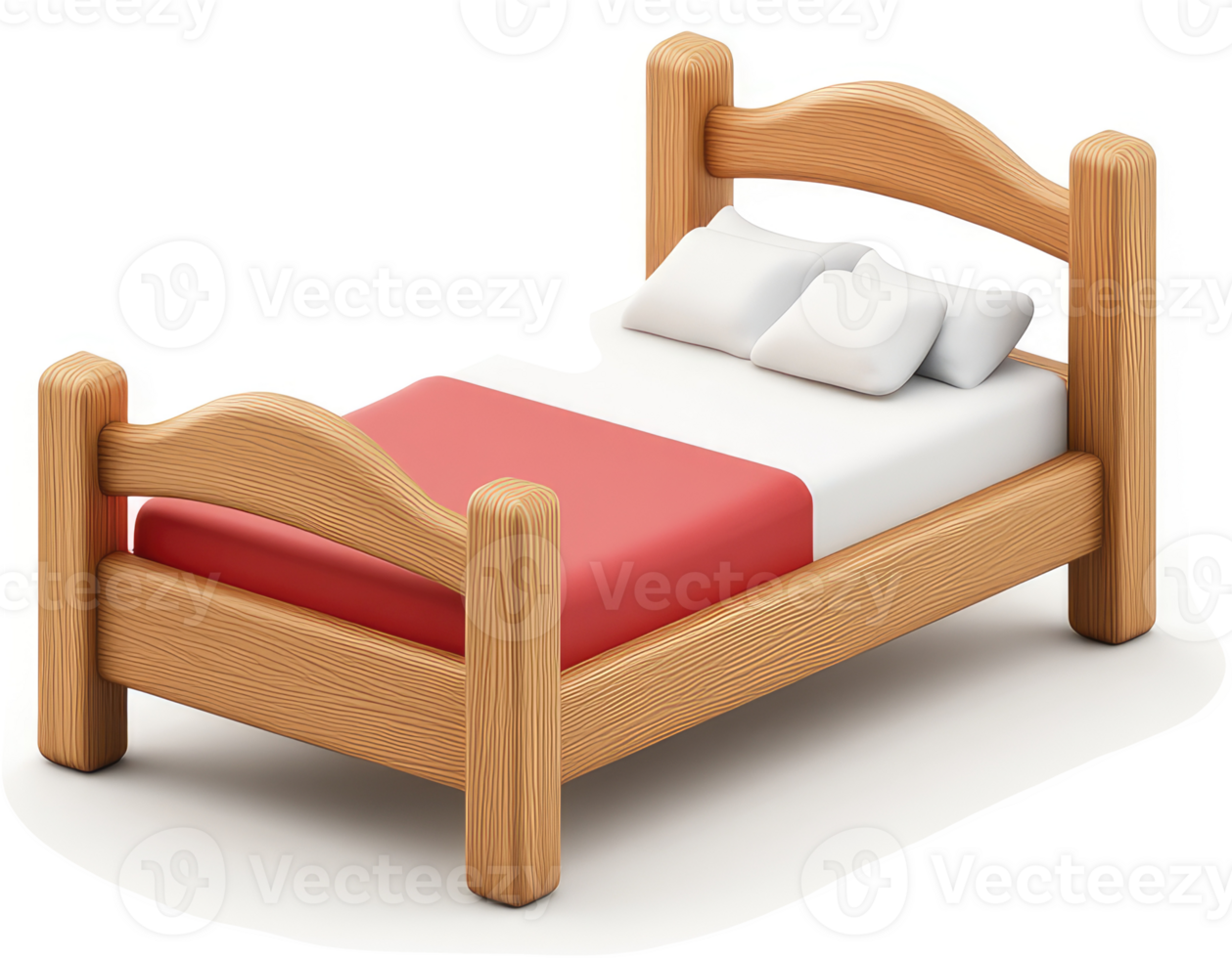 Wooden bed with red linens. png