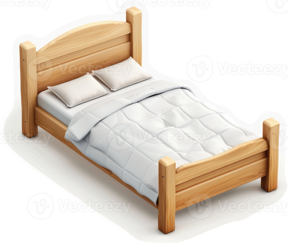 Wooden bed with white bedding, a simple illustration. png