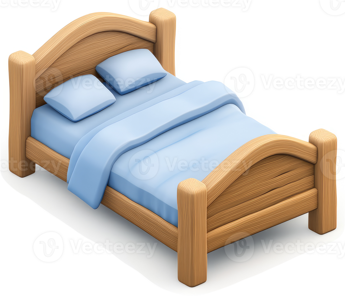 Wooden bed with light blue linens. png