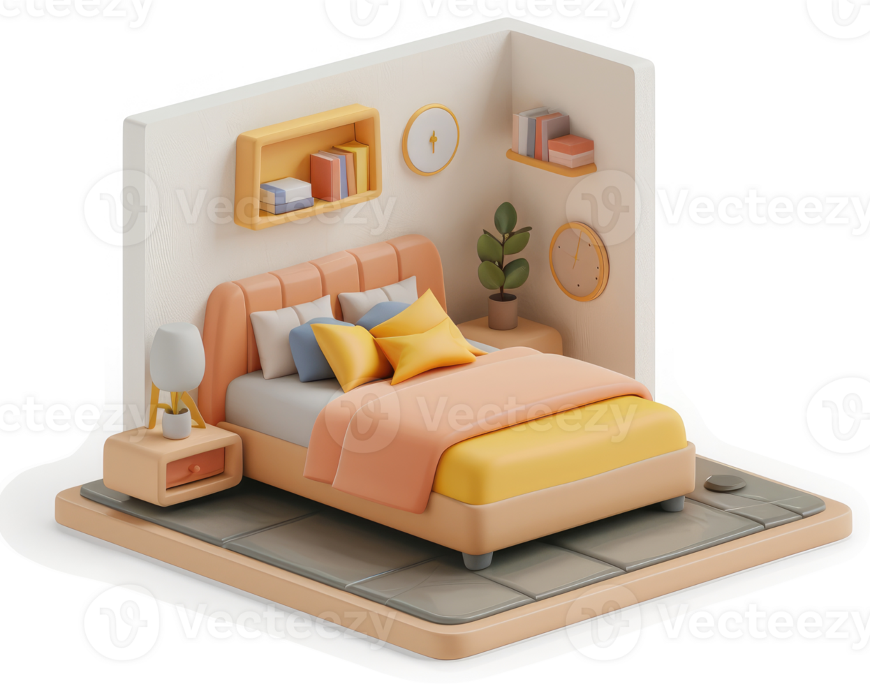 Cozy bedroom scene in a 3D stylized design. png
