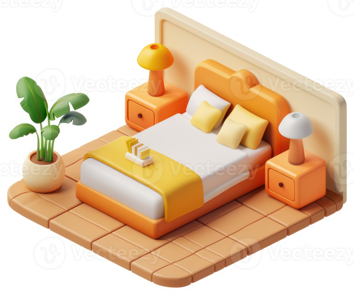 Stylish, stylized bedroom scene in pastel tones. png