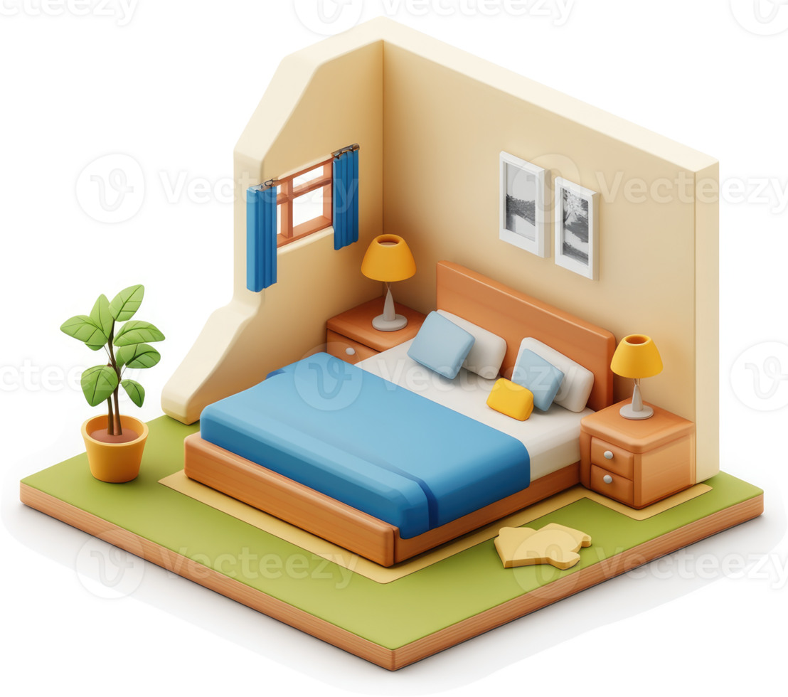 Cozy bedroom interior design, presented in a stylized 3D model. png