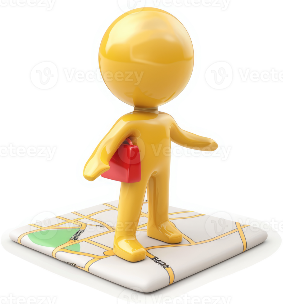 A stylized figure stands on a map, indicating a location. png
