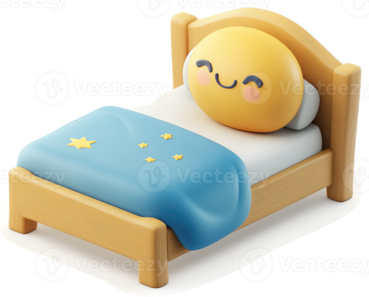 Cute cartoon bed with a smiling emoji resting. png