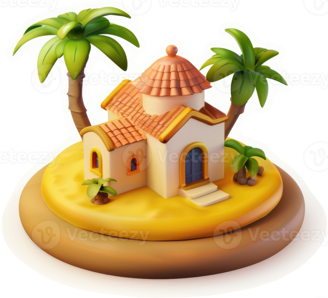 Tropical island getaway home with palm trees. png