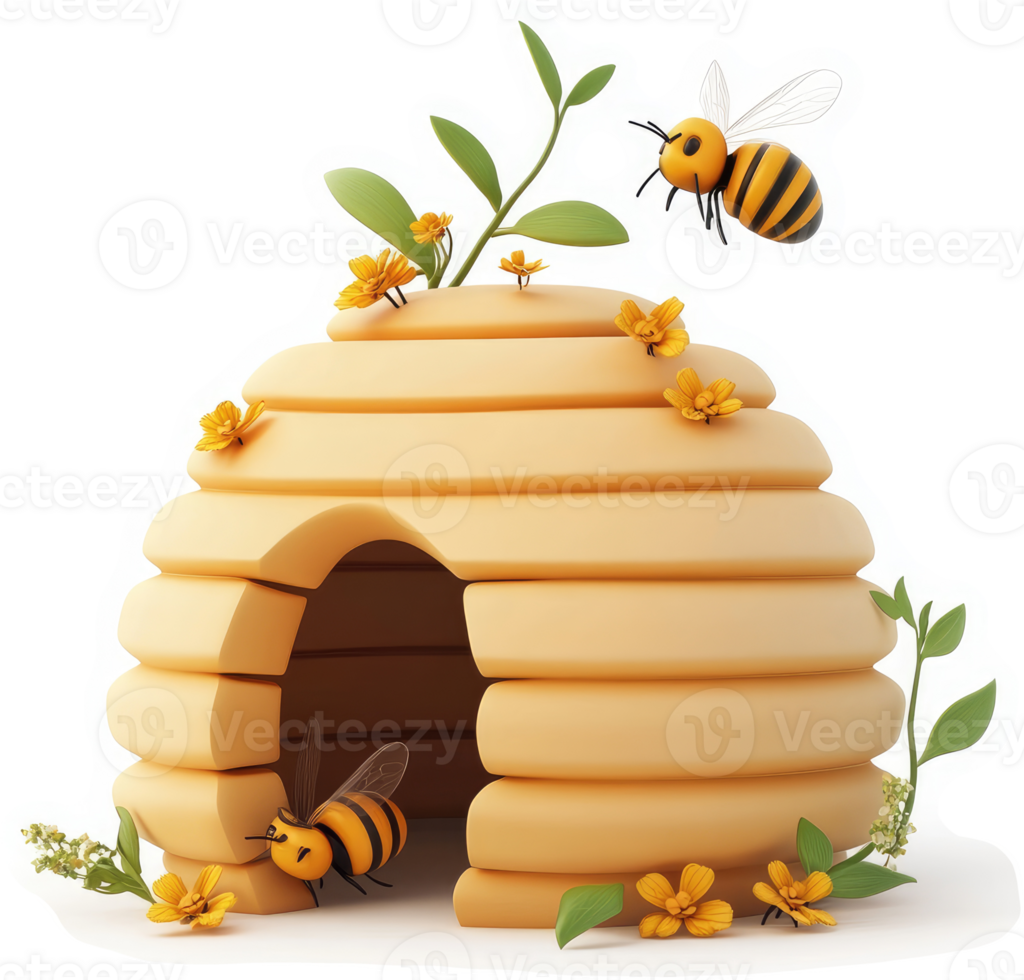 Honeycomb dwelling with busy bees. png