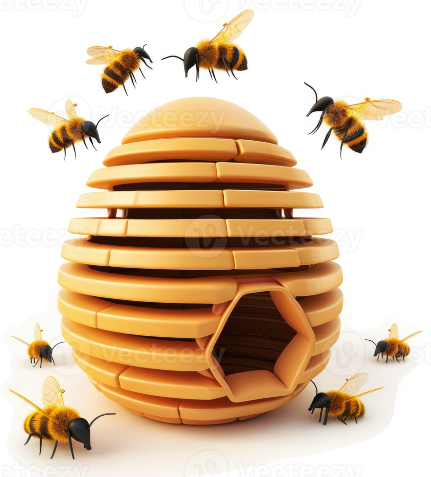 Modern honeybee hive design with buzzing insects. png