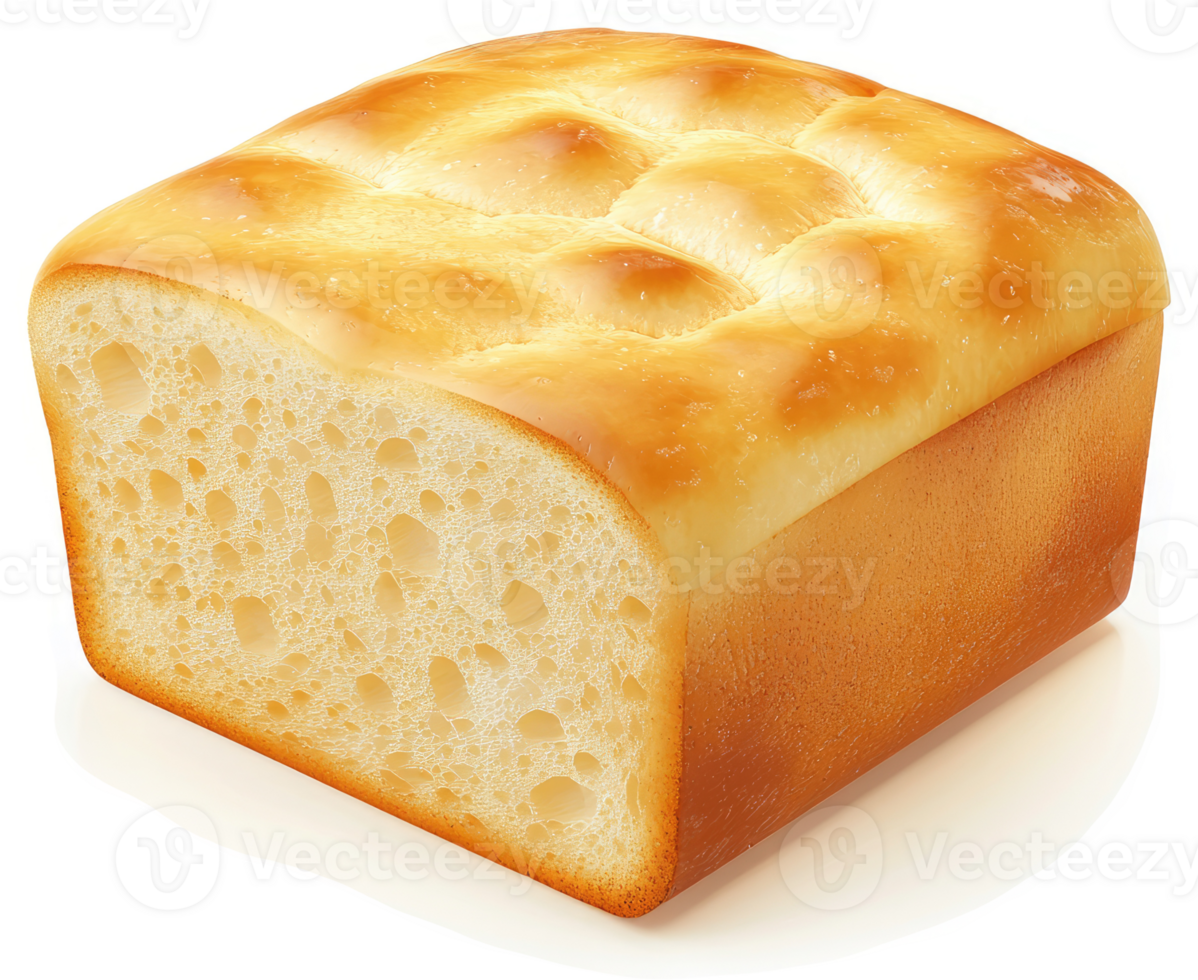 Square loaf of light golden bread, showcasing a textured interior. png