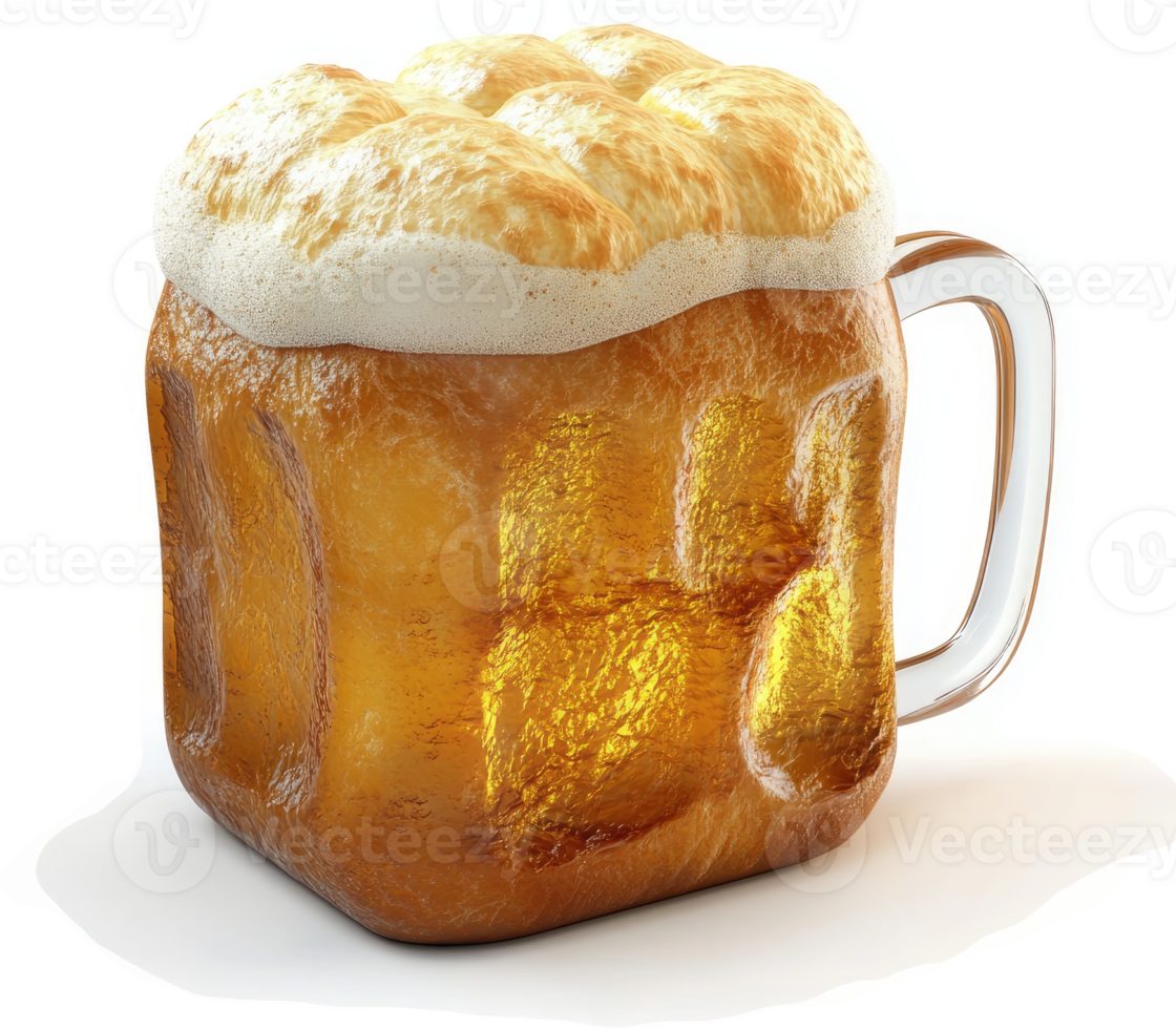 Frothy beer in a square glass mug. png