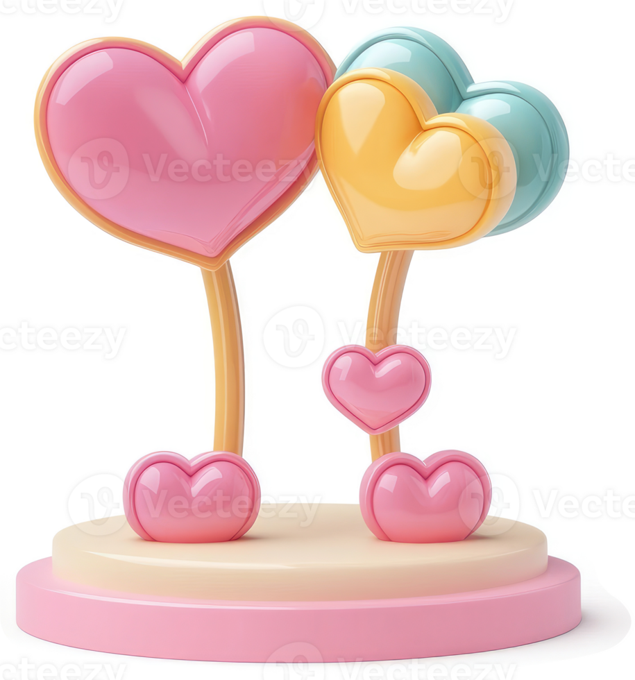 Three colorful hearts form a whimsical, stylized tree on a pedestal. png