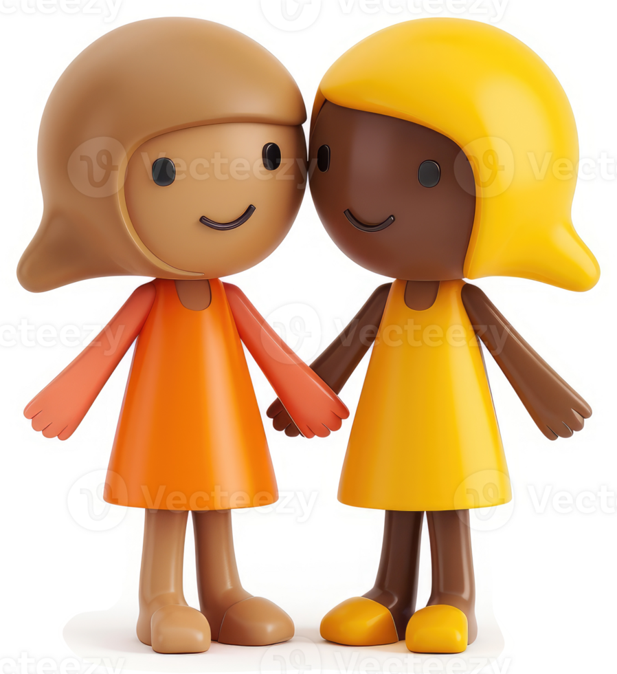 Two friendly dolls holding hands, representing diversity. png