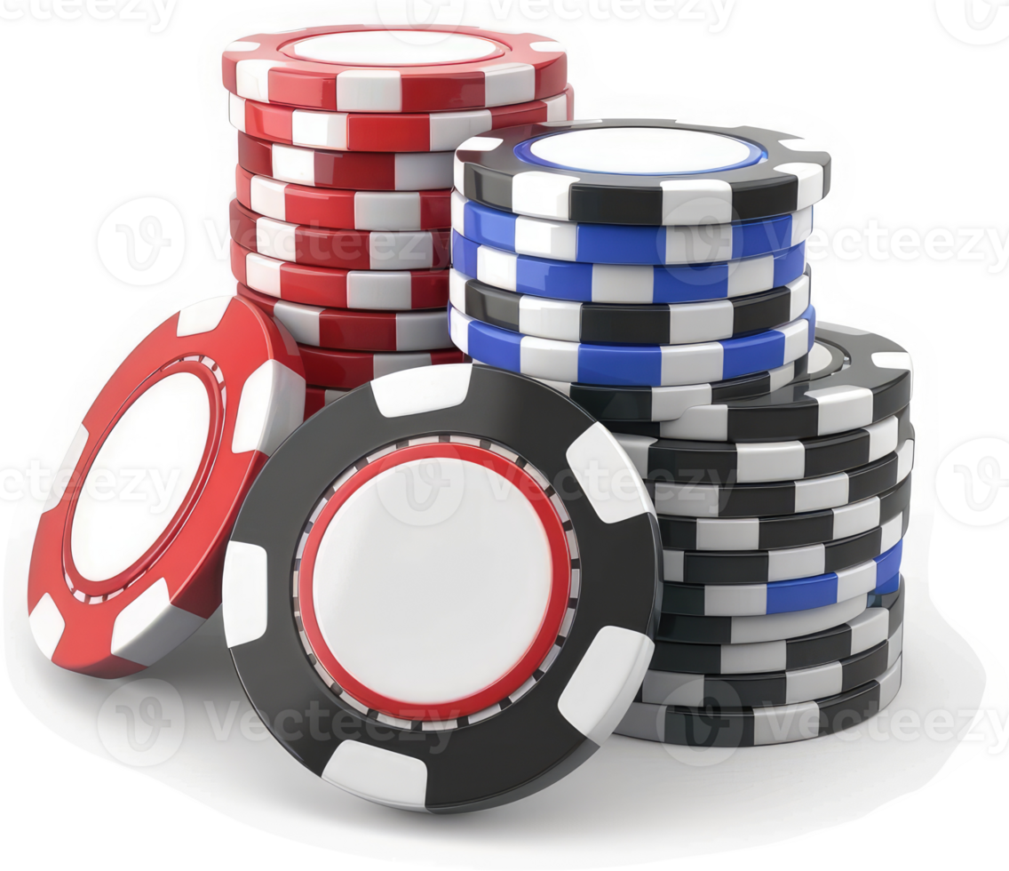 Stacked poker chips in varying colors and patterns. png