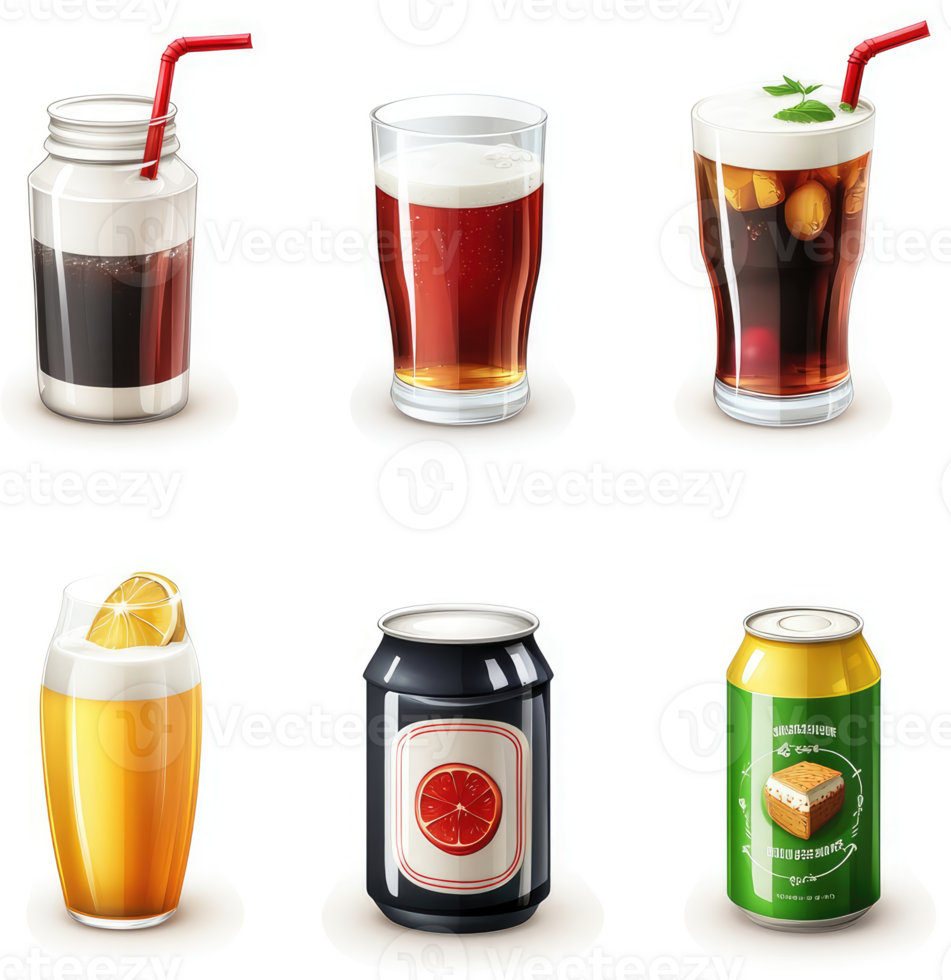 Assorted beverages in various containers. png