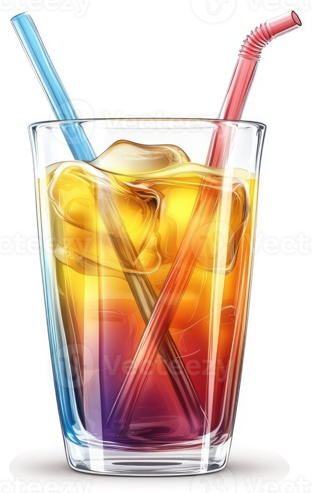 Colorful layered cocktail in a glass with two straws. png