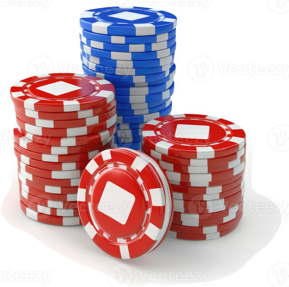 Poker chips, stacked high in red and blue, represent gambling. png