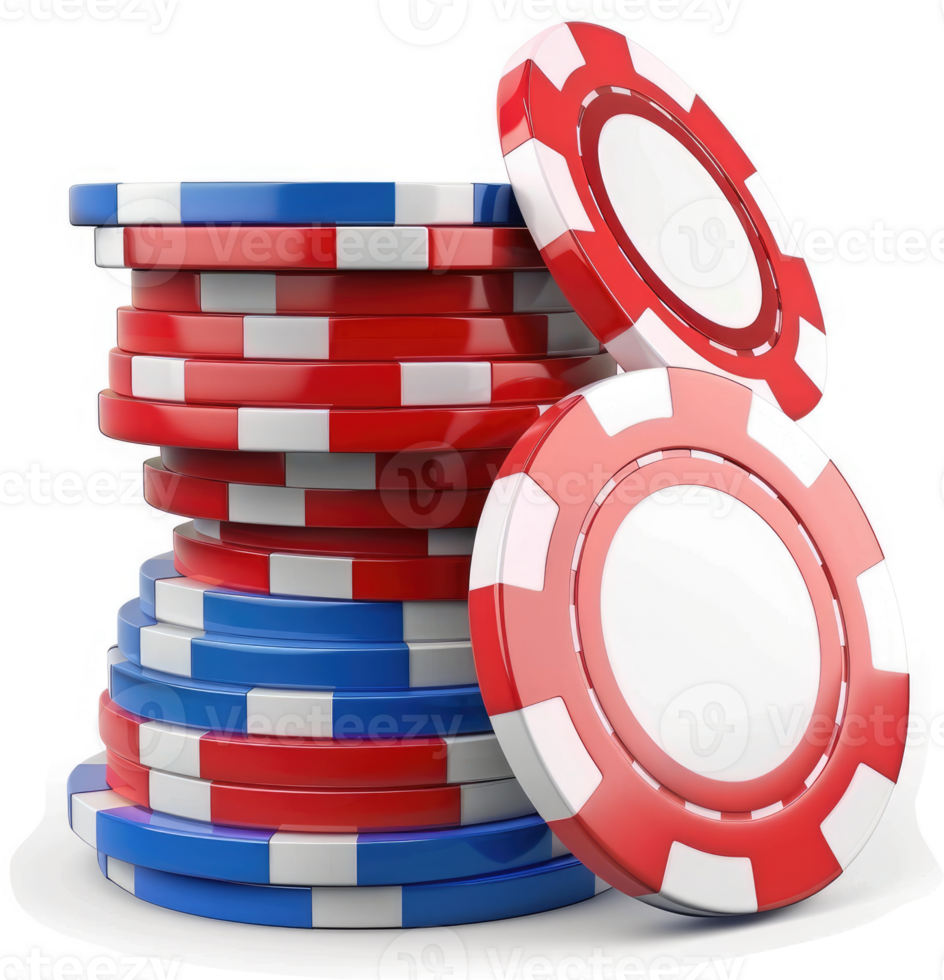 Red and blue poker chips stacked high. png