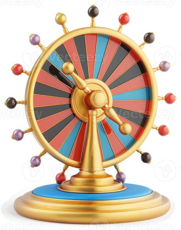 A golden, colorful fortune wheel with spinning mechanism. png