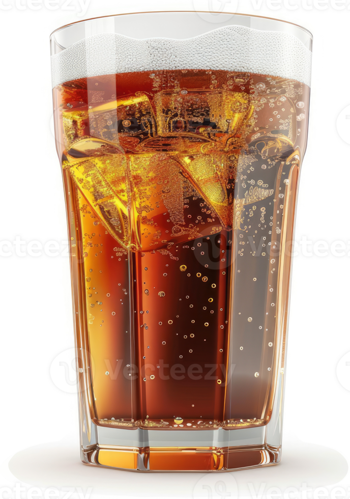 Refreshing amber beverage with ice in a tall glass. png