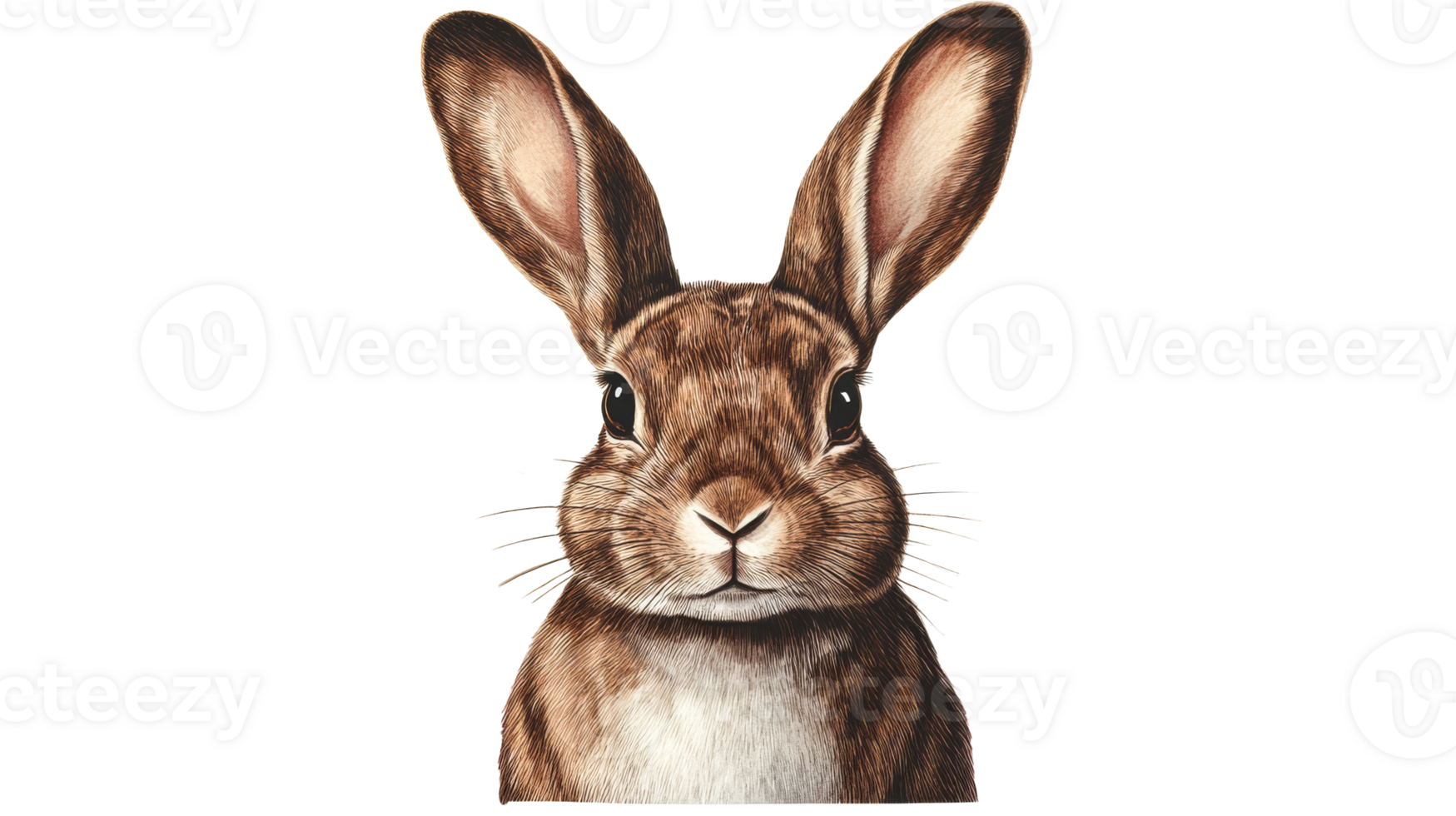 Portrait of an alert rabbit with long ears, close-up, cut out transparent png