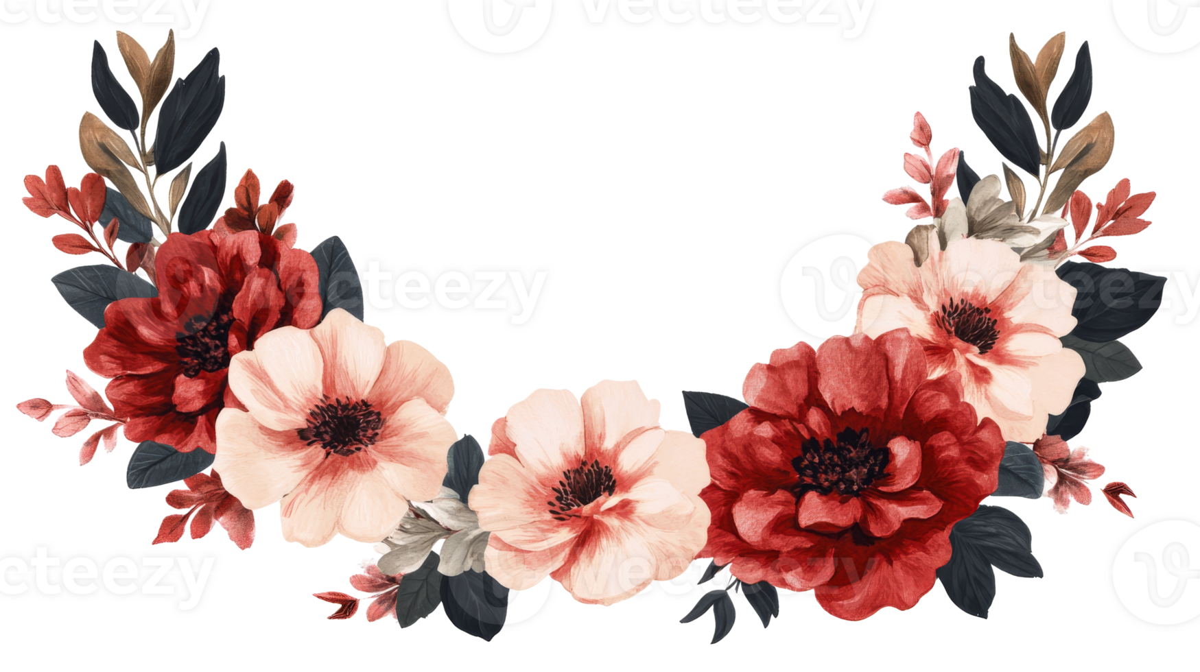 Floral half frame with red and pink blossoms, cut out transparent png