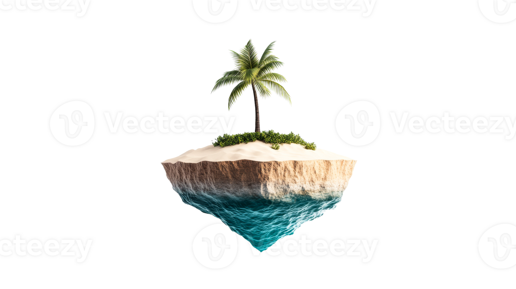 Tropical island with palm tree in the ocean, isolated, cut out transparent png