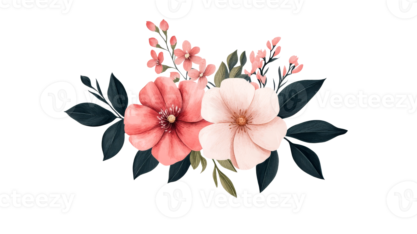 Floral Arrangement with Pink Blossoms and Dark Green Leaves, cut out transparent png