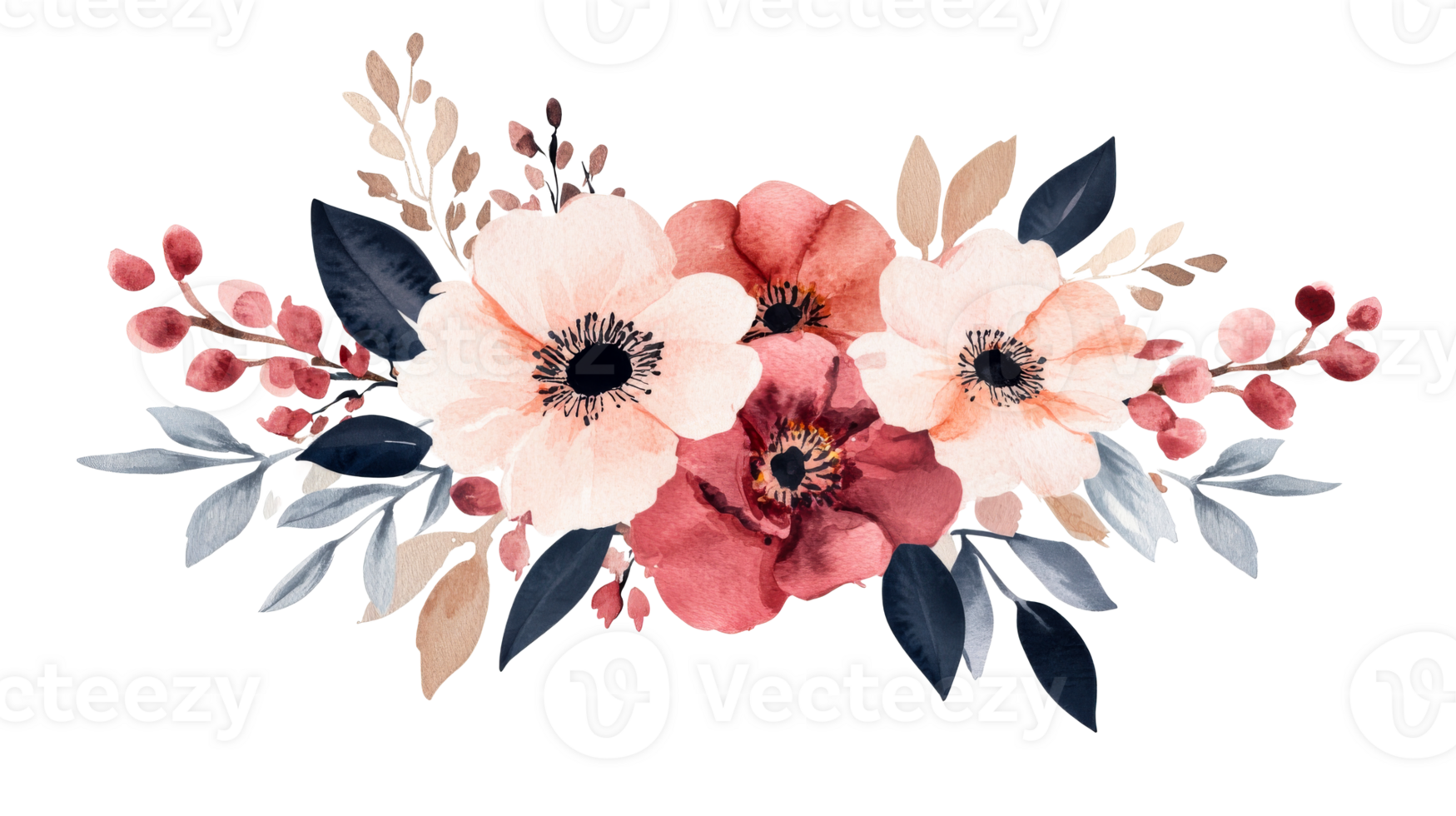 Watercolor floral bouquet with blush and deep rose blooms, cut out transparent png