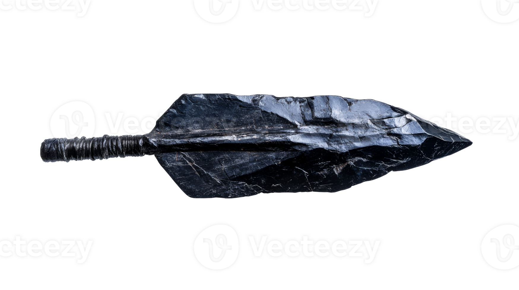 Dark ancient obsidian stone spearhead artifact weapon, cut out transparent png