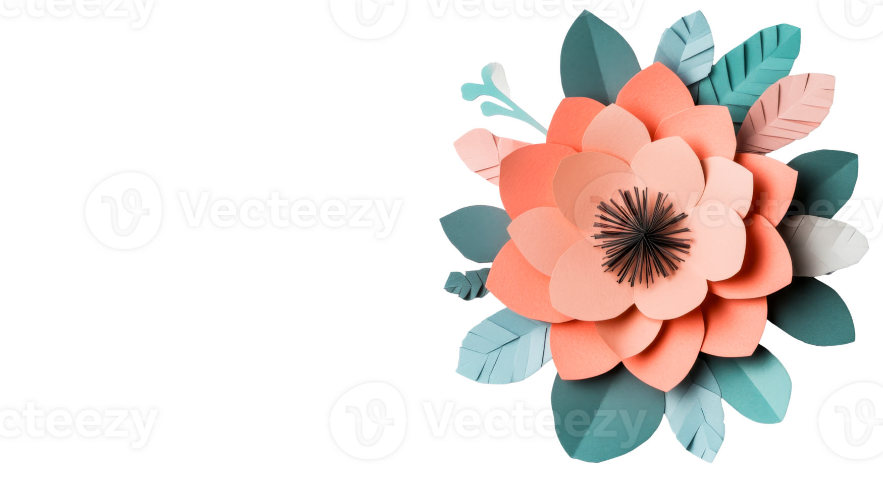 Paper flower background with peach petals, leaves, botanical, cut out transparent png