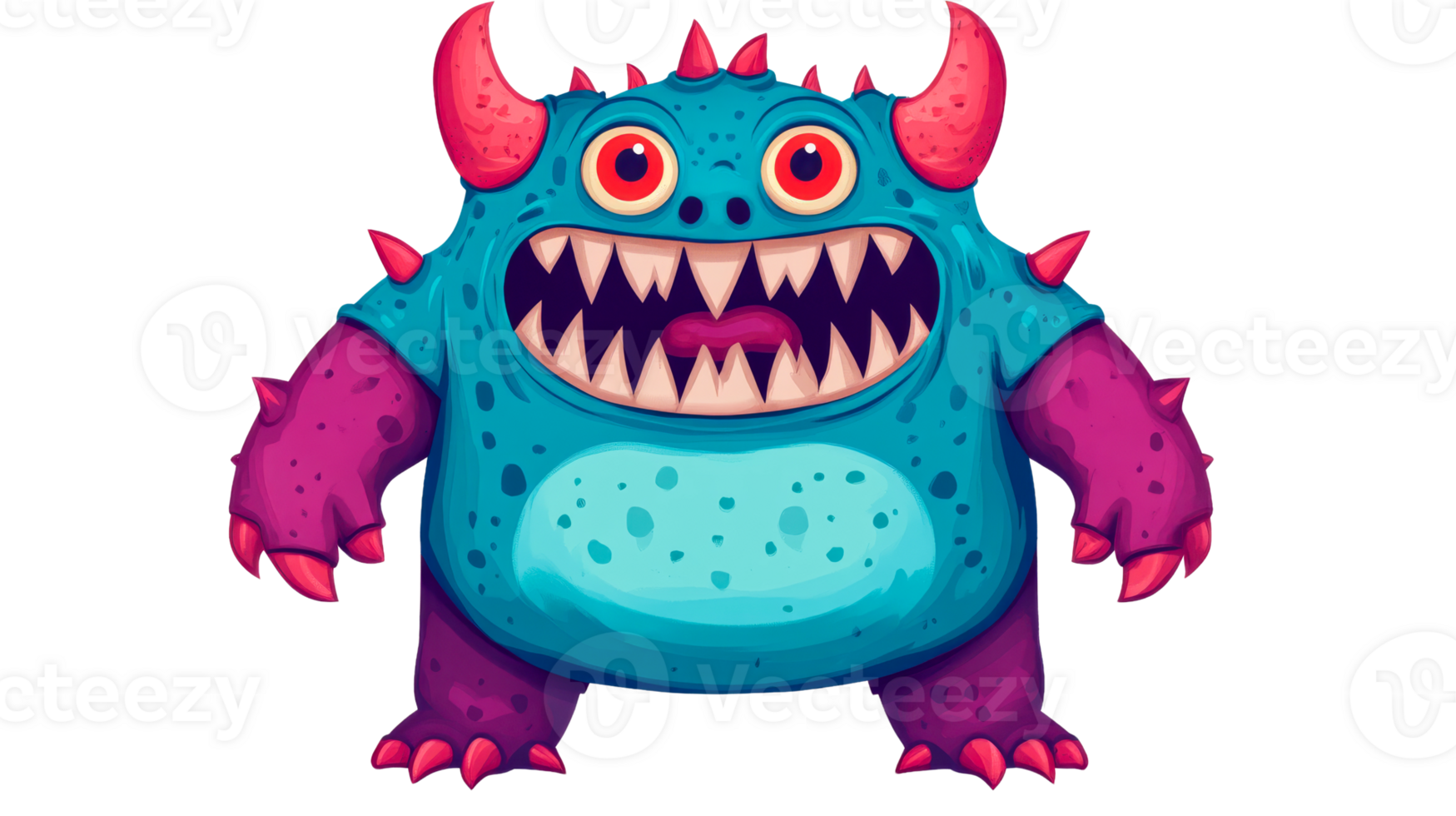 Monster cartoon with spikes and horns on black background, cut out transparent png