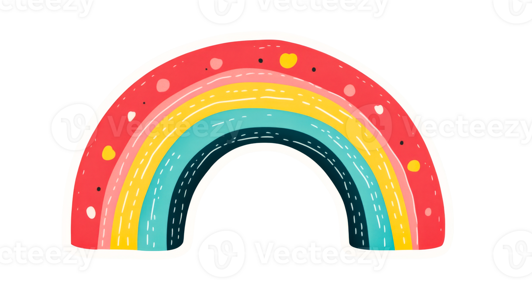 Rainbow illustration with colorful bands and dots, cut out transparent png