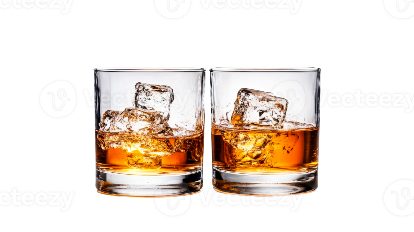 Two glasses of whiskey with ice cubes in front of black background, cut out transparent png