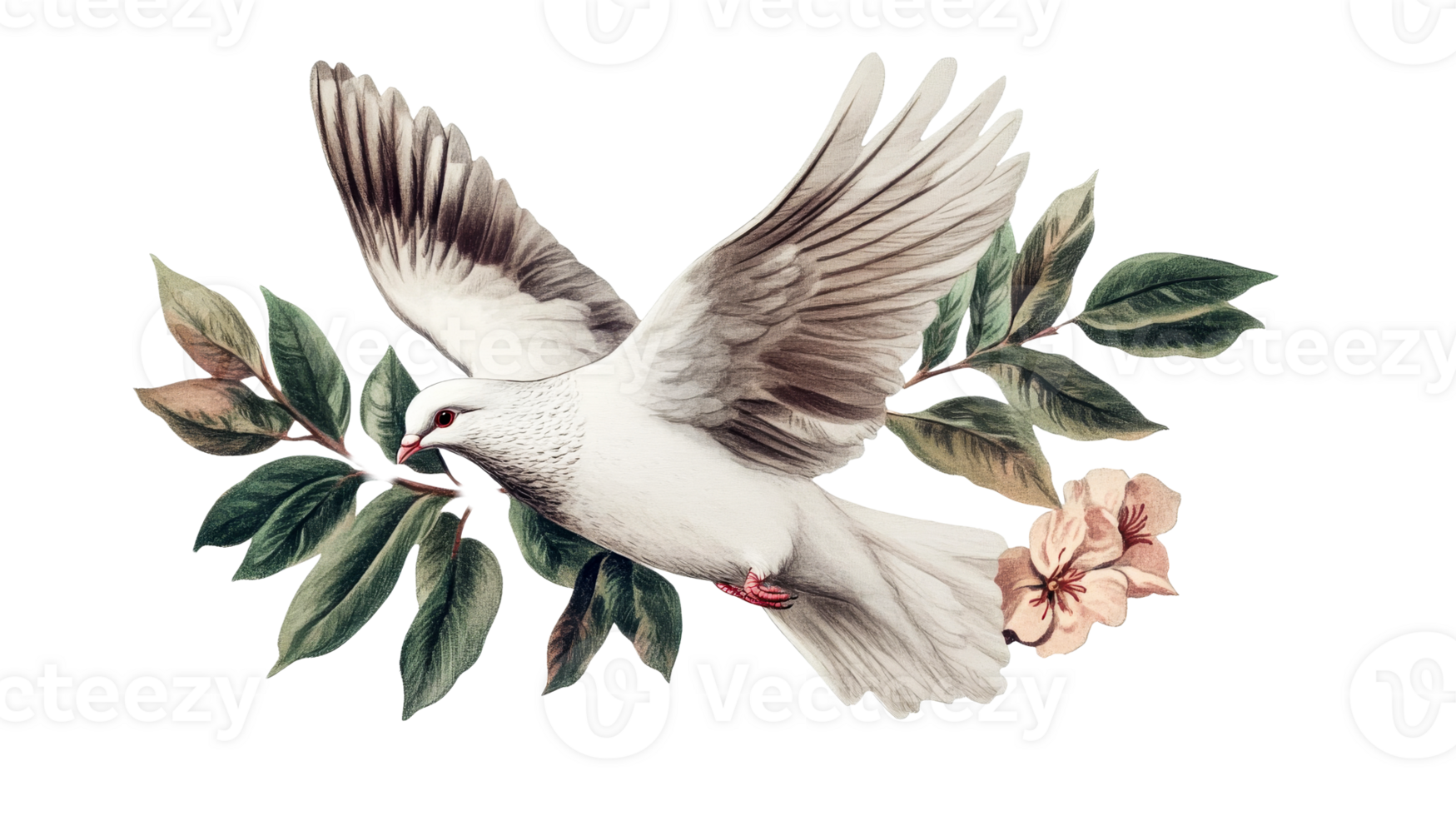 Flying white dove among leaves and flower, beautiful, cut out transparent png