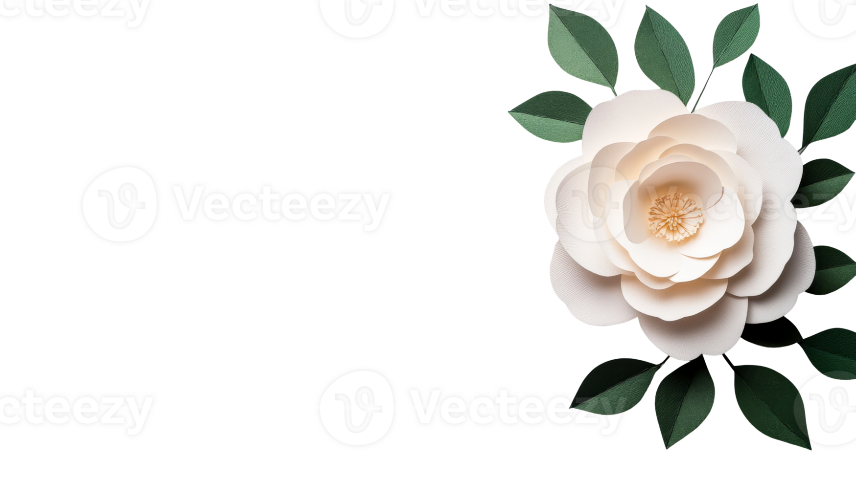 Elegant paper flower artwork with green leaves, cut out transparent png