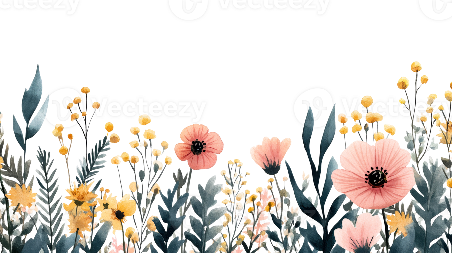 Floral meadow with pink and yellow flowers and foliage, cut out transparent png