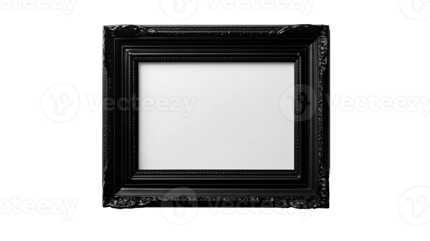 Elaborate black ornamental frame with blank canvas, cut out transparent png