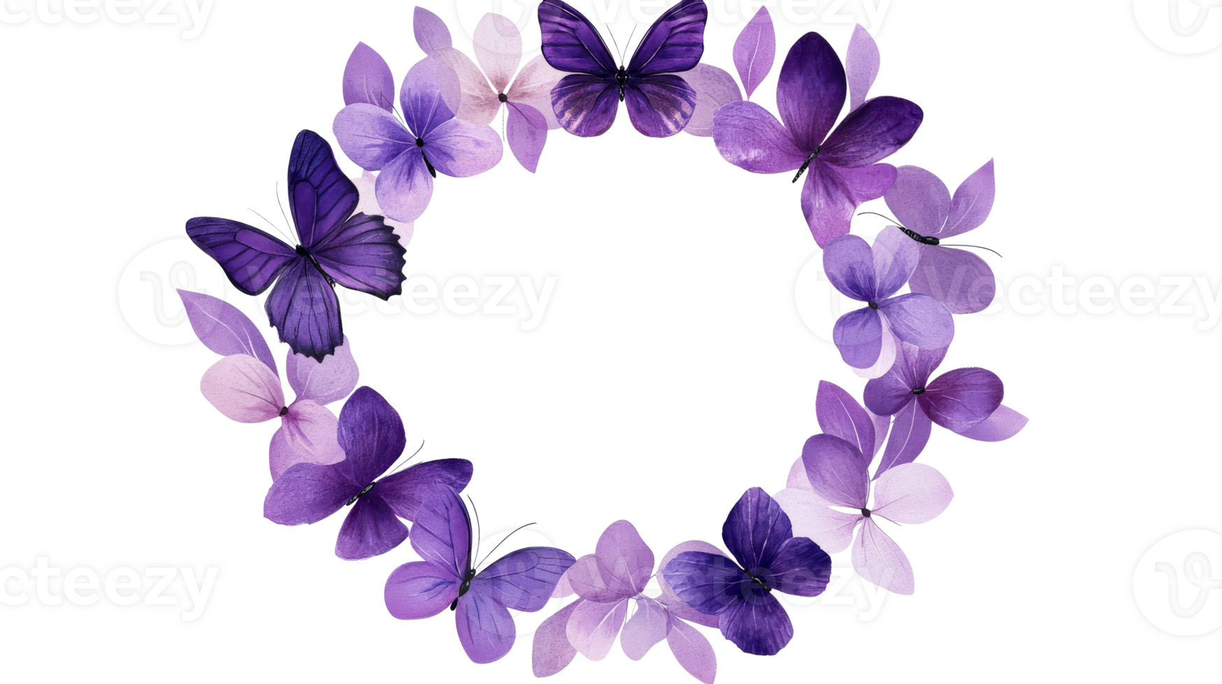Frame with Purple Hydrangeas and Butterflies, cut out transparent png