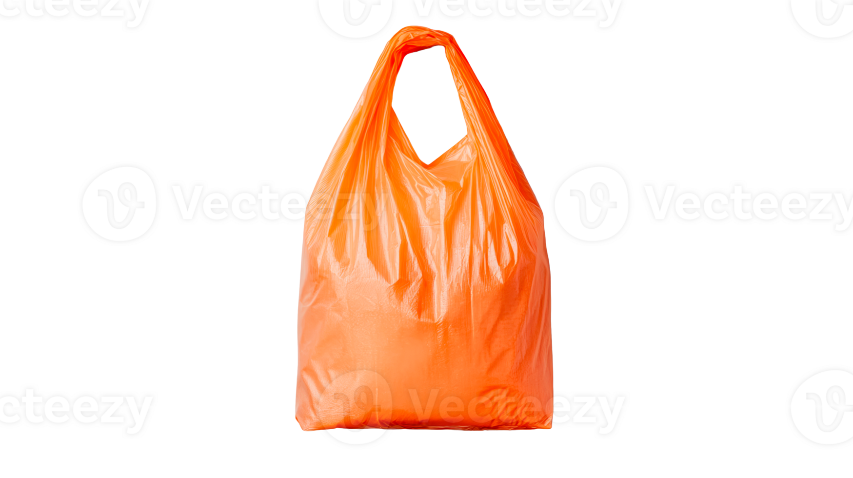 Orange plastic bag with handles on black background, cut out transparent png