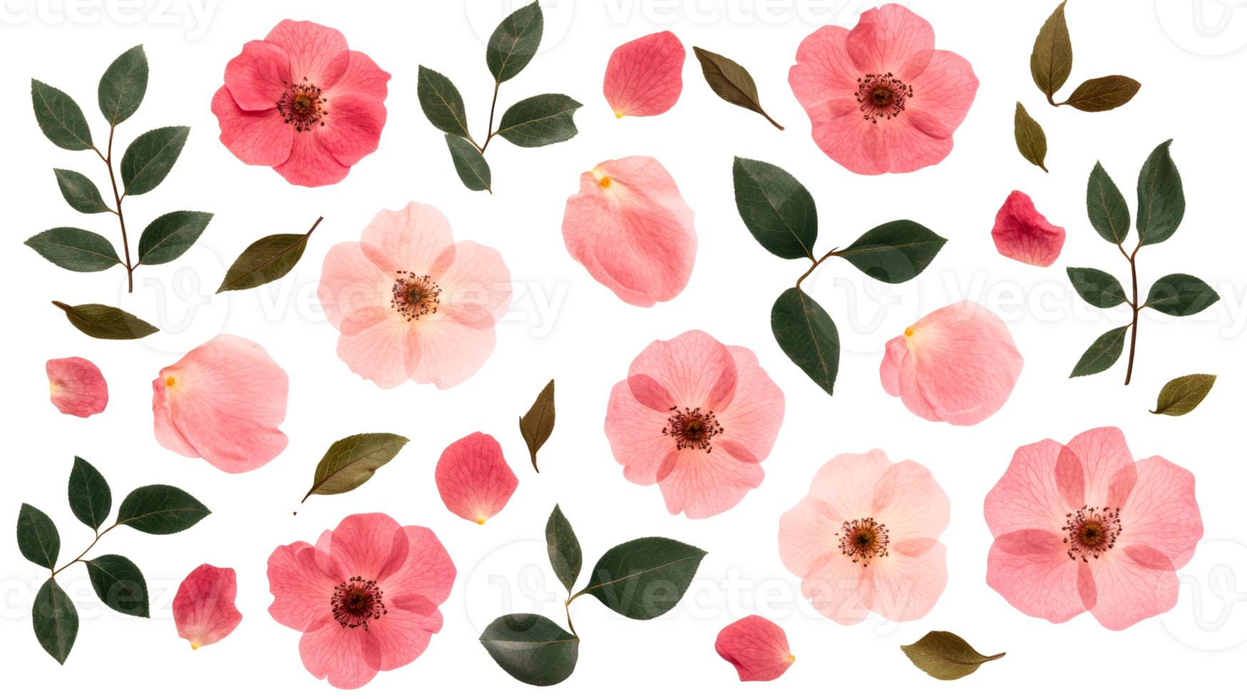 Pink blooms and greenery arranged, botanical backdrop, isolated, cut out transparent png