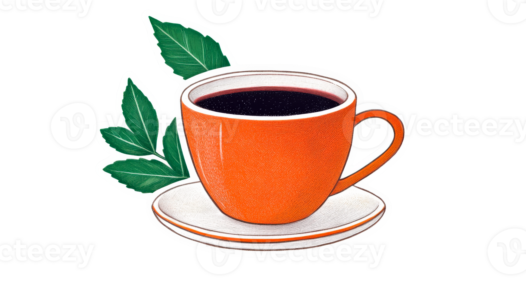 Orange coffee cup with green leaves, cut out transparent png