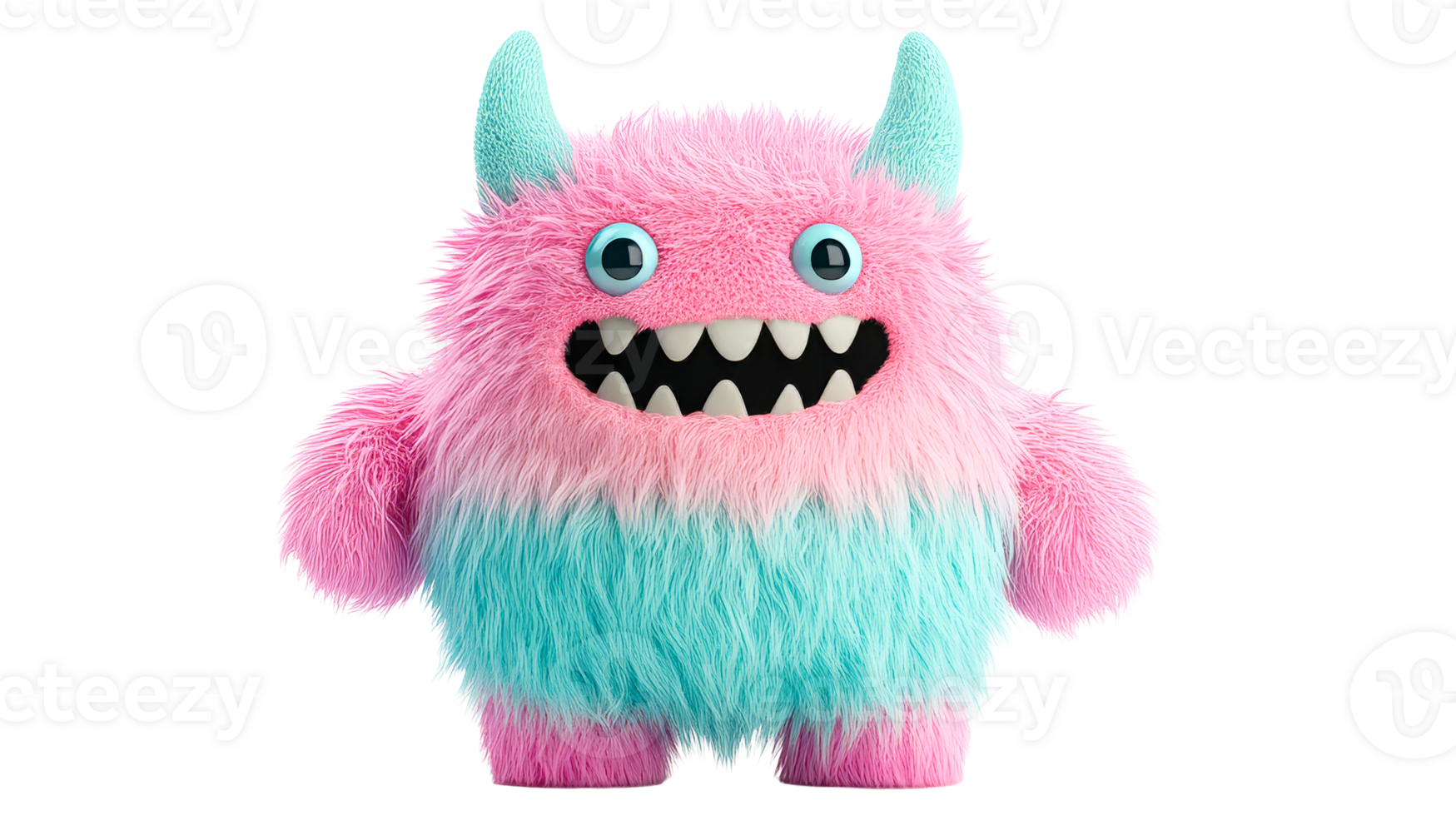 Cartoon fluffy monster with horns, pink and blue gradient, cut out transparent png