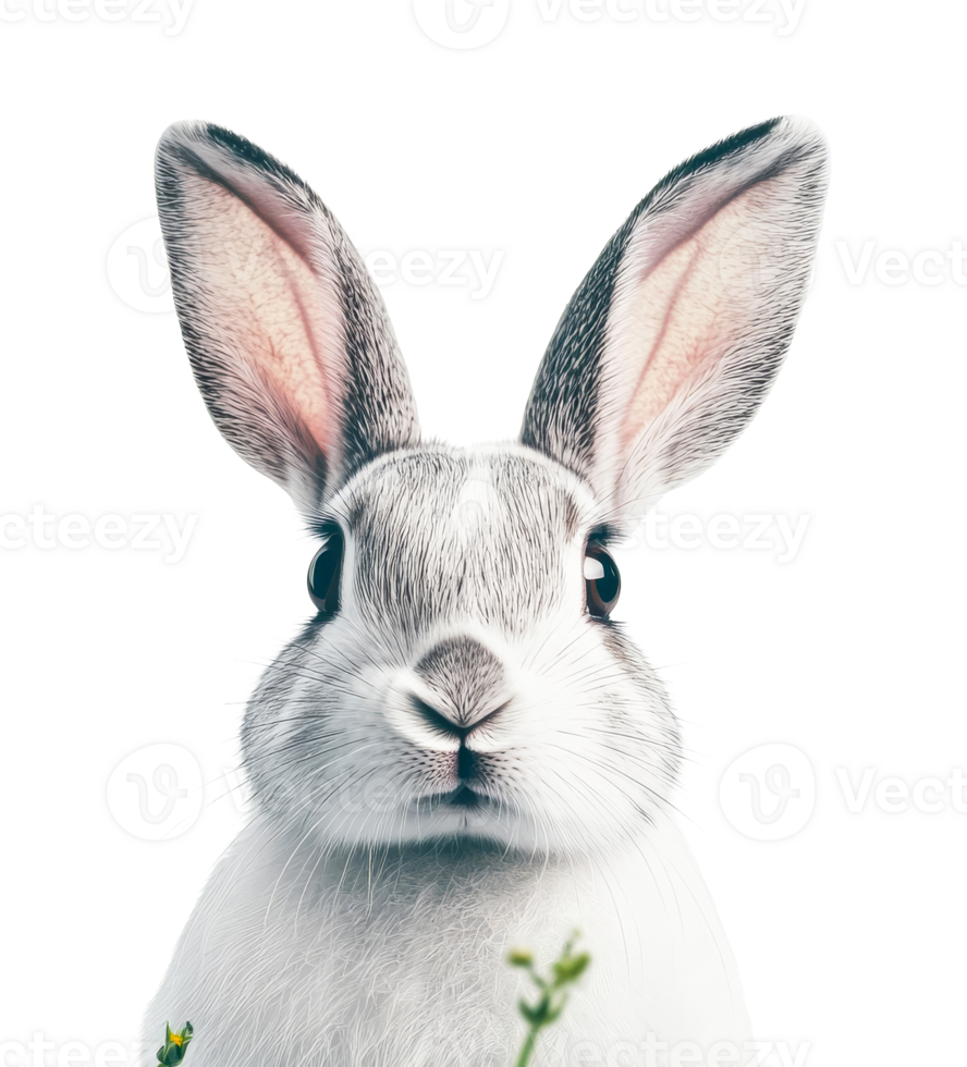 Hare face closeup, long ears, white fur, curious expression, cut out transparent png