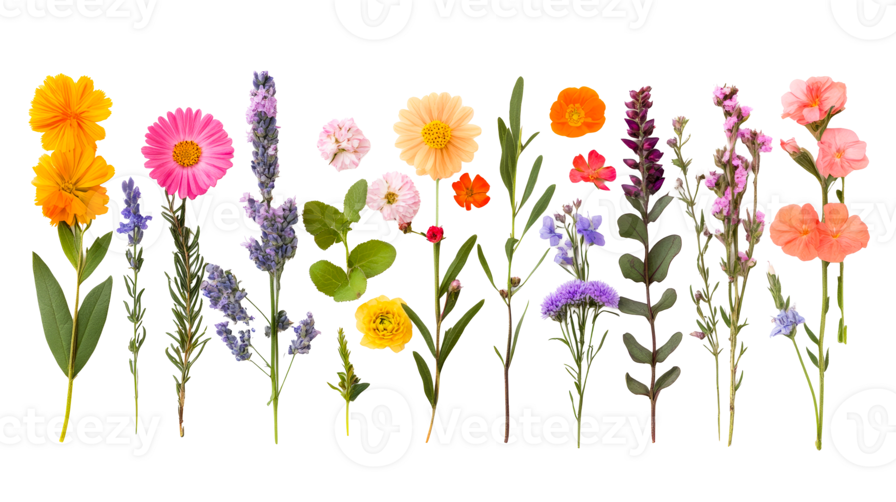 Assorted garden flowers, colorful, wildflowers, blossom, isolated, cut out transparent png