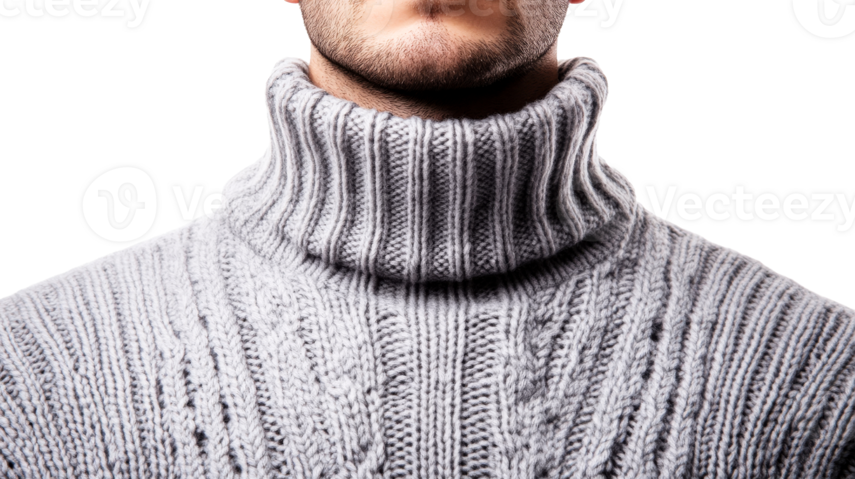 Man in a gray knitted sweater with a high collar, cut out transparent png